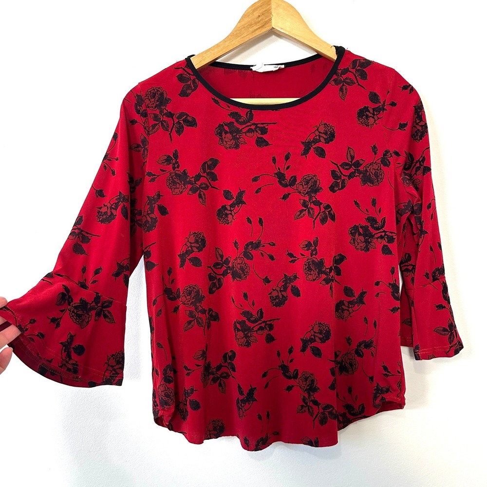 Exclusive One Red Black Floral Rose Bell Sleeve Top Blouse M Romantic Whimsigoth
